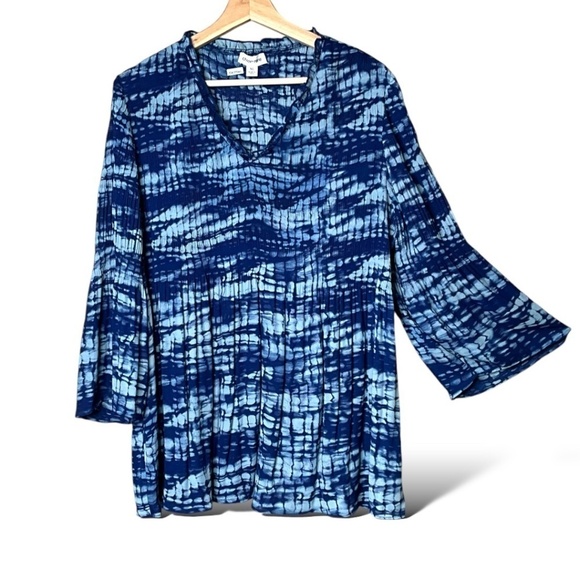 CHLOE + RENE Easy Care Poly Pleated Tie Dye Tunic Blouse Bell Sleeves US Sz XL - Picture 3 of 12